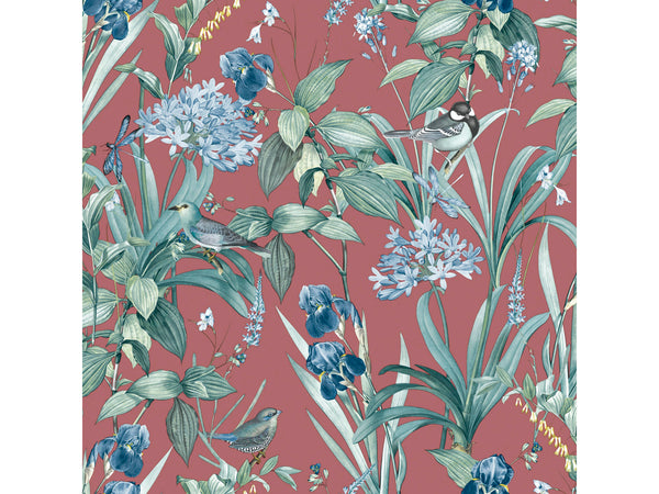 papier peint intissé oiseaux et fleurs rouge 53cm x 10m