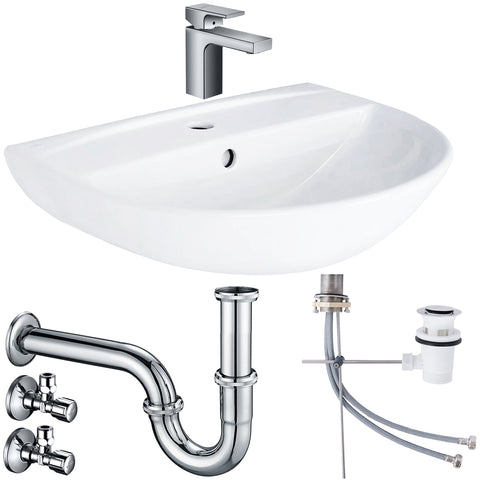 Wastafel compleetset Tulpe 60 cm met Hansgrohe armatuur afvoergarnituur en sifon hoekstopkraan - Wit
