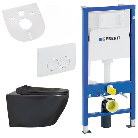 Belvit Wand-wc set randloos met softclose wc-zitting en Geberit UP100 inbouwelement keramiek - Mat zwart, wc-packs — SKU MB-19396-22923, EAN 5404029122166