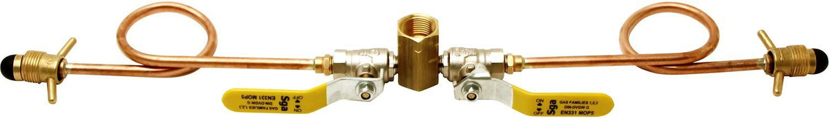 Verbinding 2 gasflessen +bolkranen pol M"