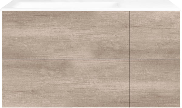 SOUS MEUBLE COFFEE 4 TIROIRS 110 CHENE DECOR FLANELLE +LAVABO GAUCHE PORCEL.SNS TROU ROBINET BLANC