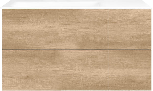 SOUS MEUBLE COFFEE 4 TIROIRS 110 CHENE DECOR CACHMIRE +LAVABO GAUCHE PORCEL.SNS TROU ROBINET BLANC