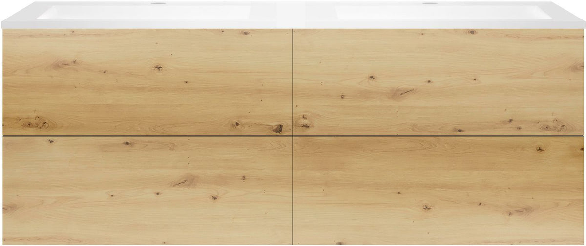 Onderbouw COFFEE 4 lades 160 duo eiken urban +dubbele wastafel kunstmarmer wit