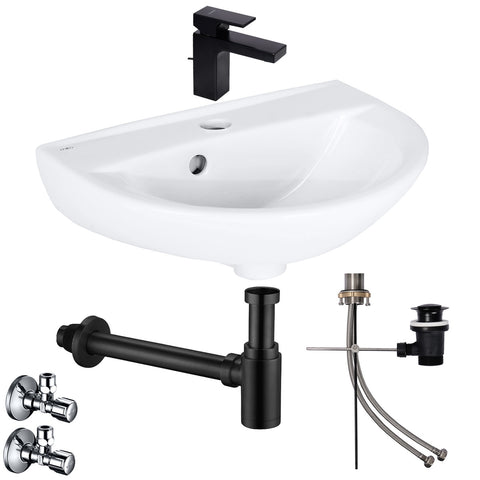 Wastafel compleetset Rosmarin 45 cm met Hansgrohe armatuur afvoergarnituur en Belvit sifon + Schell hoekstopkraan zwart - Mat zwart