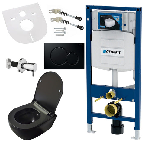 Randloze hang-wc complete set met Taharet-/bidetfunctie softclose-zitting inbouwelement bedieningspaneel geluidsisolatie - Mat zwart