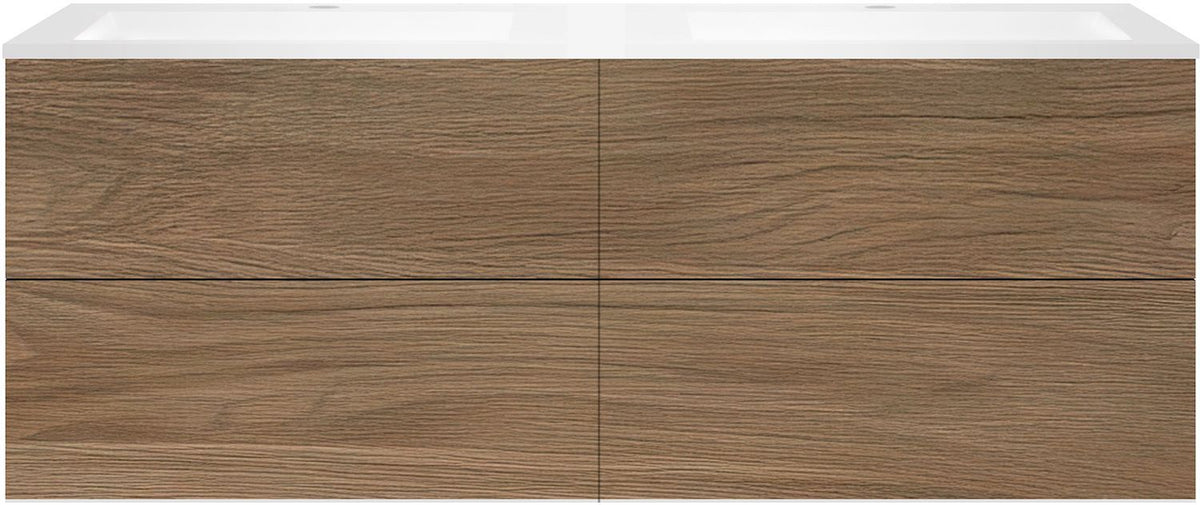 Onderbouw COFFEE 4 lades 160 duo eik caramel +dubbele wastafel kunstmarmer wit