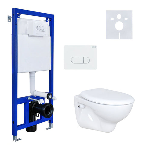 Hangend wand-wc met spoelreservoir, inbouwelement, geluidsisolatie en bedieningsplaat complete set - Wit