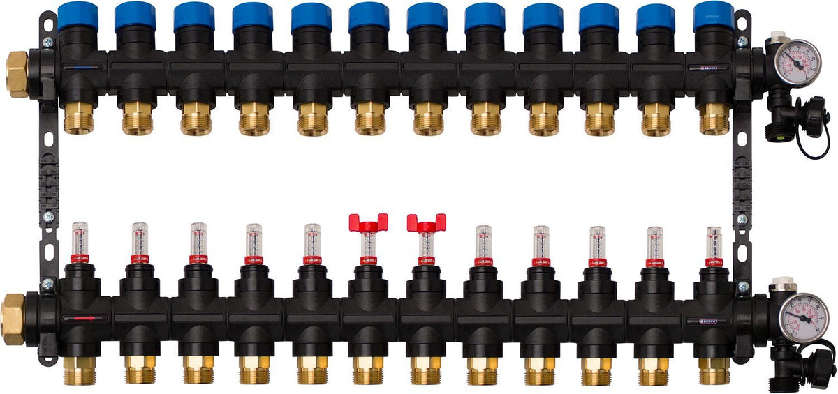 Composiet collector vloerverwarming Henco 4/4"-12X3/4"EK (debietmet/thermomet/vul-aftapkraan/purg)