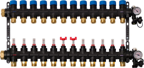 Composiet collector vloerverwarming Henco 4/4"-12X3/4"EK (debietmet/thermomet/vul-aftapkraan/purg)