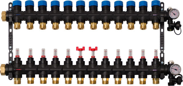 Composiet collector vloerverwarming Henco 4/4"-12X3/4"EK (debietmet/thermomet/vul-aftapkraan/purg)