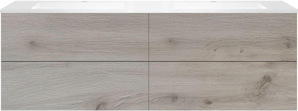 Onderbouw COFFEE 4 lades 180 duo eik Zilver +dubbele wastafel kunstmarmer mat wit