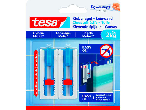 Tesa Powerstrips clou adhésif pour fixation de toiles et cadres carrelage & métal 6cm 2kg blanc/bleu 2 pièces