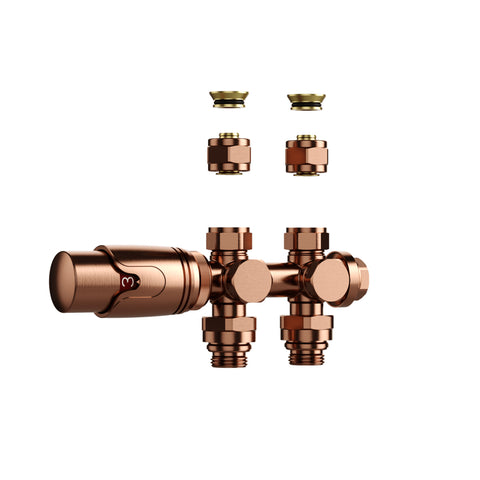 Belrad radiatorkraan - design - thermostatisch - middenaansluiting - muur-en vloeraansluiting - geborsteld koper, radiatoren — SKU MB-34292-38020, EAN 5404029156666