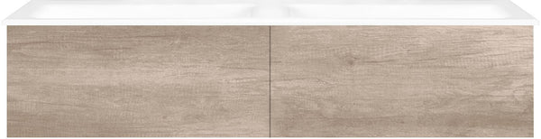 SOUS MEUBLE COFFEE 2 TIROIRS 140 DUO CHENE DEC.FLANELLE+DOUBLE LAVABO PORCEL.SNS TROU ROBINET BLANC