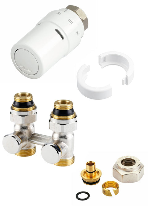 DESIGN CV KRAANSET THERMOSTATISCH VOOR VENTIELRADIATOR 1/2" OF 3/4" +KOPPELINGEN 16MM DANFOSS RECHT