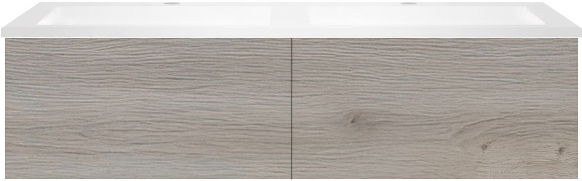 Onderbouw COFFEE 2 lade 120 eik zilver+dubbele wastafel kunstmarmer mat wit