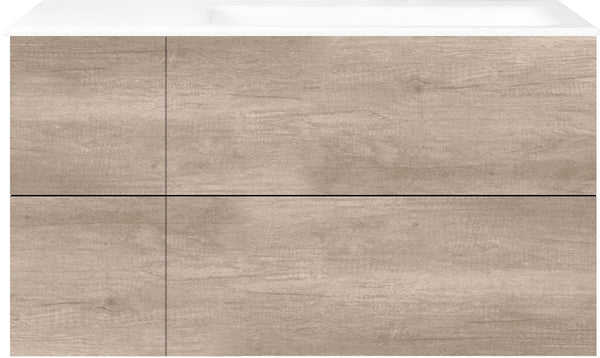 SOUS MEUBLE COFFEE 4 TIROIRS 110 CHENE DECOR FLANELLE +LAVABO DROITE PORCEL.SNS TROU ROBINET BLANC