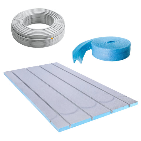 BELVIT vloerverwarming set 10 m² droogbouw XPS 25 mm met meerlagenbuis en randisolatiestroken — SKU MB-32579-36205, EAN 5404029136217