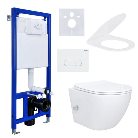 Randloos hangend douche-wc compleet pakket met taharet koud-/warmwaterkraan softclose zitting bedieningsplaat inbouwelement - Wit, wc-packs — SKU MB-16474-20001, EAN 5404029120254