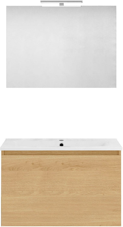 Meubel form 80CM Solo 1 lade porselein +spiegel nordic eik, badkamermeubelen — SKU DESCO-704228