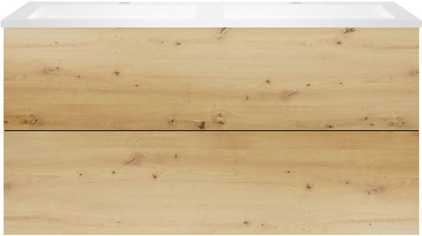 Onderbouw COFFEE 2 lade 120 duo eik urban + dubbele wastafel kunstmarmer wit