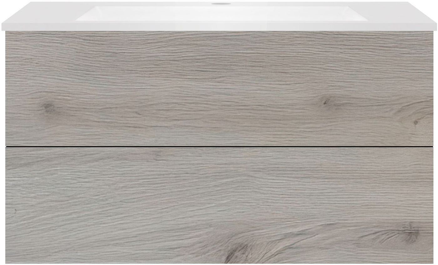 Onderbouw COFFEE 2 lades 100 eik zilver+wastafel kunstmarmer mat wit