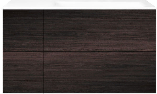 SOUS MEUBLE COFFEE 4 TIROIRS 110 CHENE DECOR MOKKA +LAVABO DROITE PORCEL.SNS TROU ROBINET BLANC