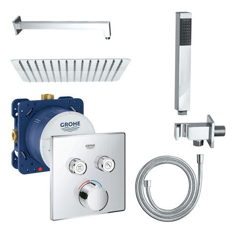 Doucheset GROHE SmartControl inbouwmengkraan Rapido inbouwlichaam chroom vierkant met regendouche handdouche wandaansluitbocht, douchekolommen & douchesets — SKU MB-27607-31140, EAN 5404029130994