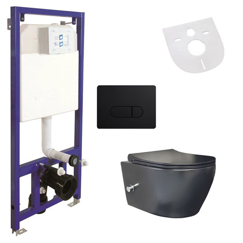 Belvit randloos hang-wc met bidetkraan, wc-bril, inbouwreservoir en bedieningsplaat Zwart - Mat zwart, wc-packs — SKU MB-19127-22654, EAN 5404029121350