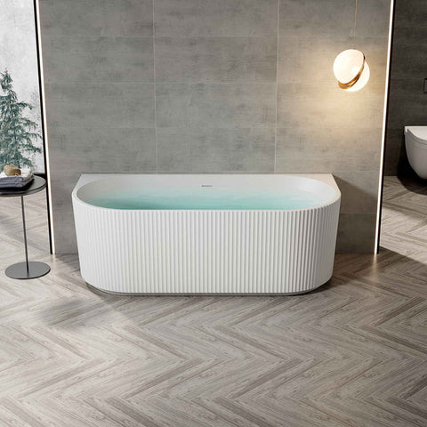 Belvit Rondo Halfvrijstaand ligbad ovaal 170x80cm mat wit acryl geribbeld dubbelwandig met strepen, inclusief paneel en klikafvoer, vrijstaande baden — SKU MB-19386-22913, EAN 5404029122432