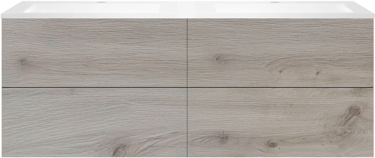 Onderbouw COFFEE 4 lades 160 duo eik Zilver +dubbele wastafel kunstmarmer mat wit