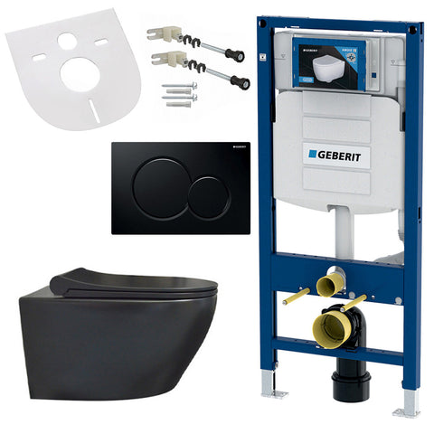 Randloze hang-wc met softclose-zitting, geluidsisolatie en zwart bedieningspaneel passend voor Geberit inbouwelement