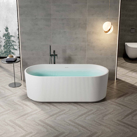 Belvit Vrijstaand design ligbad Rondo acryl verticale strepen mat wit 170x80cm ovaal luxe wellness bad inclusief afvoer-/overloopcombinatie dubbelwandig modern, vrijstaande baden — SKU MB-19387-22914, EAN 5404029122425