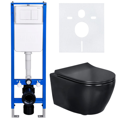 BELVIT WC complete set mat zwart randloos douche-wc met bidetfunctie hoek-inbouwelement softclose zitting bedieningsplaat, wc-packs — SKU MB-36006-40708, EAN 5404029136491