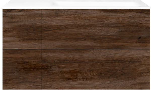 SOUS MEUBLE COFFEE 4 TIROIRS 110 NOYER DECOR VELOURS+LAVABO DROITE PORCEL.SNS TROU ROBINET BLANC