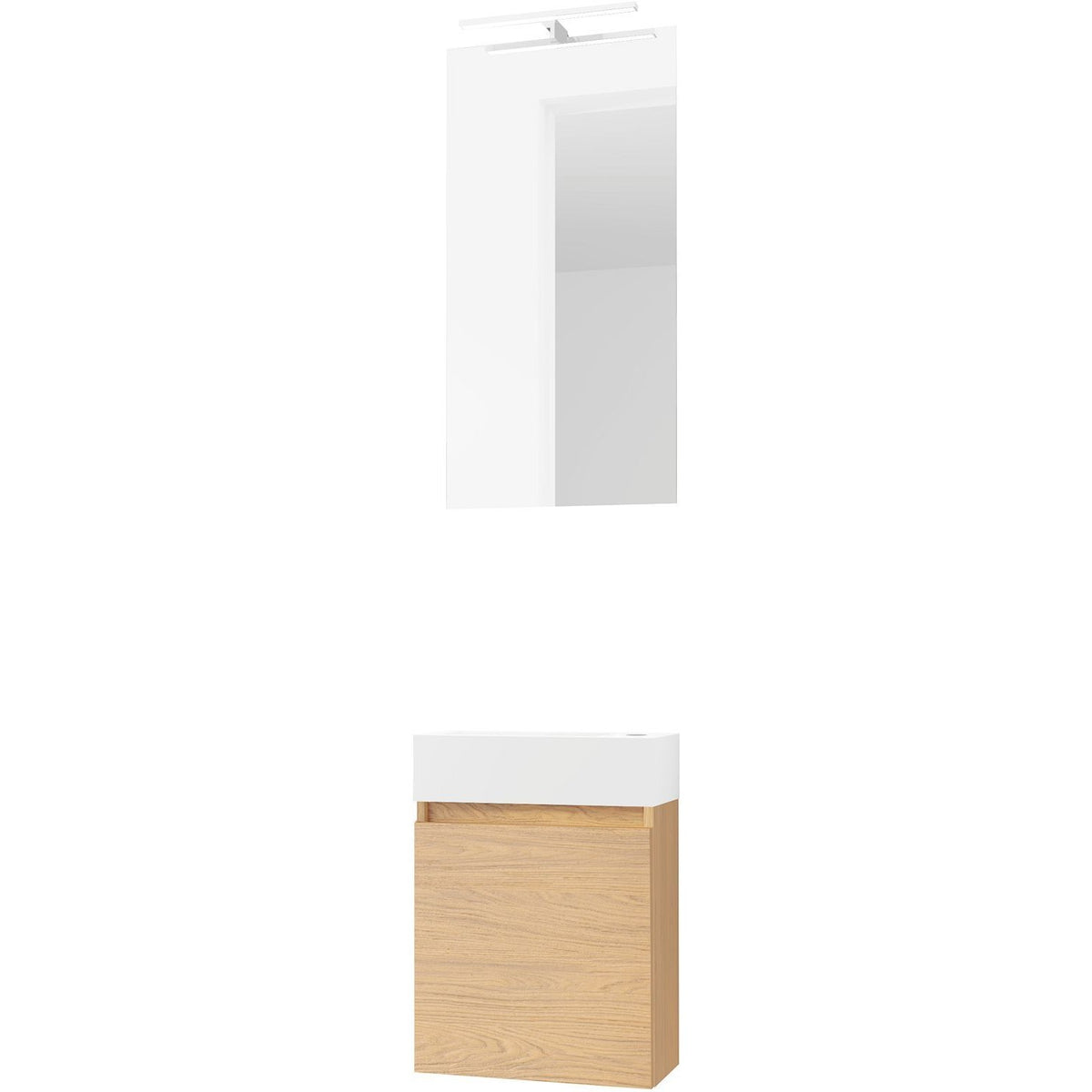 HANDENWASSER FORM MINI KUNSTMARMER/ 1 DEUR/ SPIEGEL/ VERLICHTING LED EIK BRONS