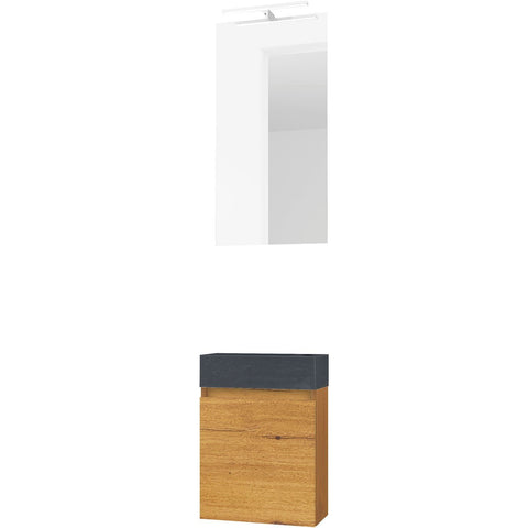Handenwasser form mini natuursteen/ 1 deur/ spiegel/ verlichting Led eik gold, badkamermeubelen — SKU DESCO-707659