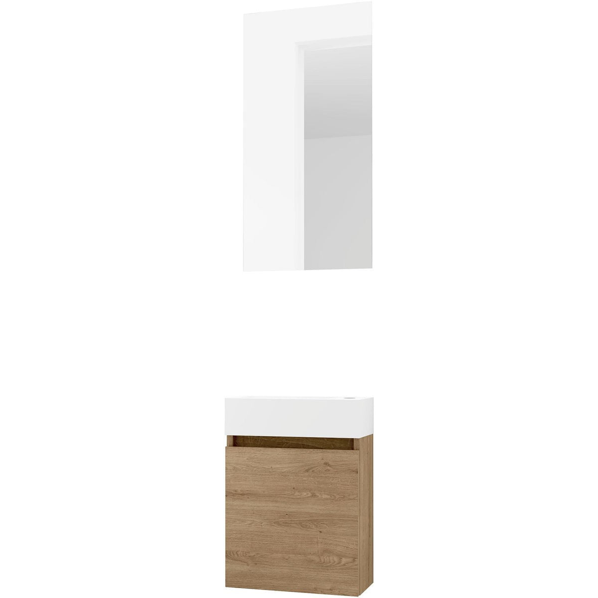 Handenwasser form mini porselein mat wit/ 1 deur/ spiegel eik natuur