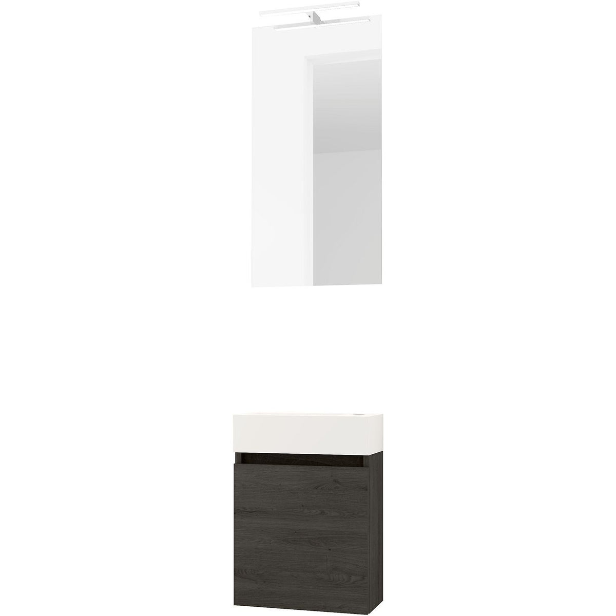 Handenwasser form mini porselein mat wit/ 1 deur/ spiegel/ verlichting Led graphit eik