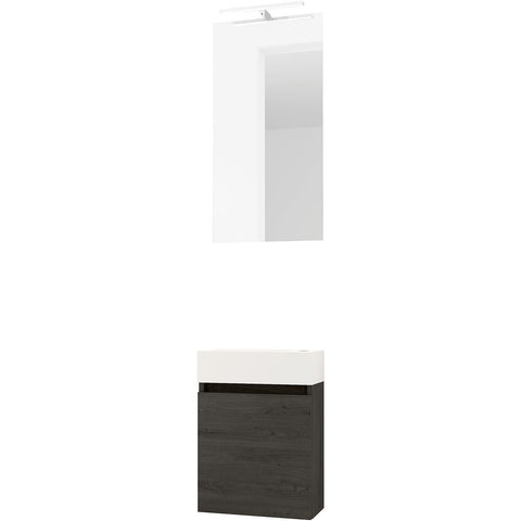 Handenwasser form mini porselein mat wit/ 1 deur/ spiegel/ verlichting Led graphit eik, badkamermeubelen — SKU DESCO-704976