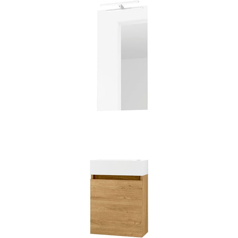 Handenwasser form mini porselein mat wit/ 1 deur/ spiegel/ verlichting Led nordic eik