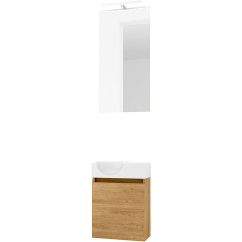 Handenwasser form mini quo links / 1 deur/ spiegel verlichting LED nordic eik, badkamermeubelen — SKU DESCO-732473