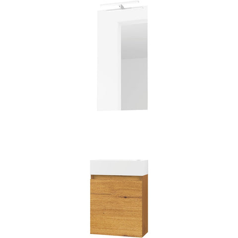 Handenwasser form mini solid/ 1 deur/ spiegel/ verlichting Led eik gold, badkamermeubelen — SKU DESCO-707655