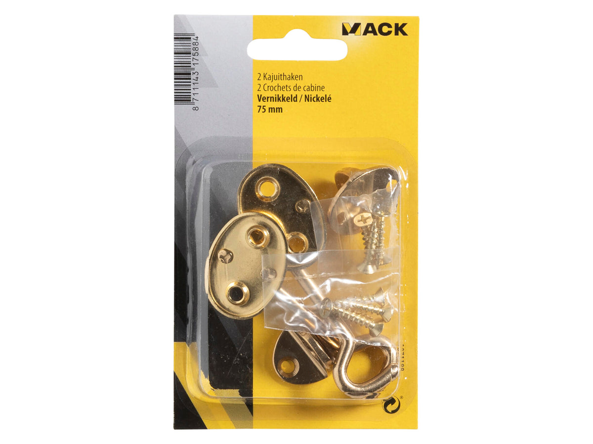 Mack kajuithaak 75mm vernikkeld 2 stuks