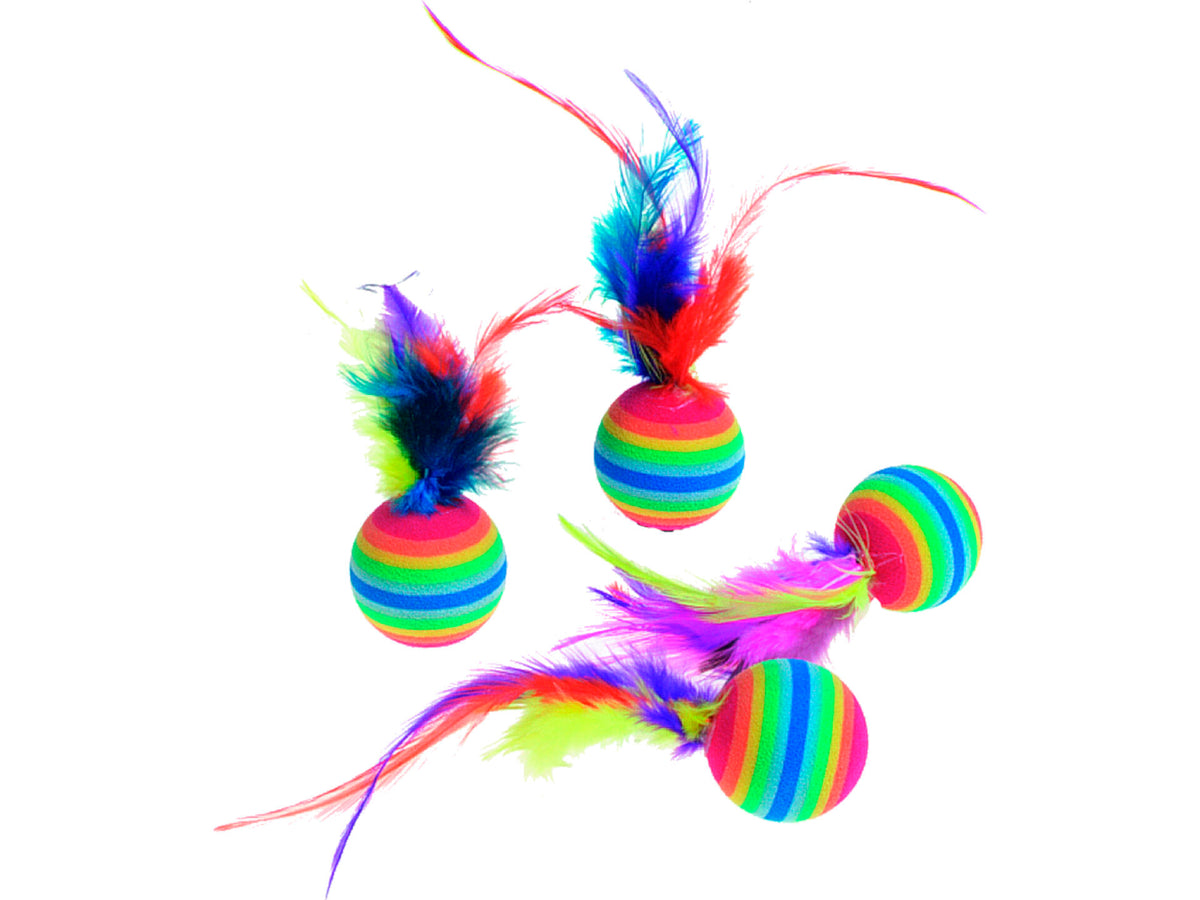 Flamingo kattenspeelgoed rainbowbal + veer 7cm 4 stuks