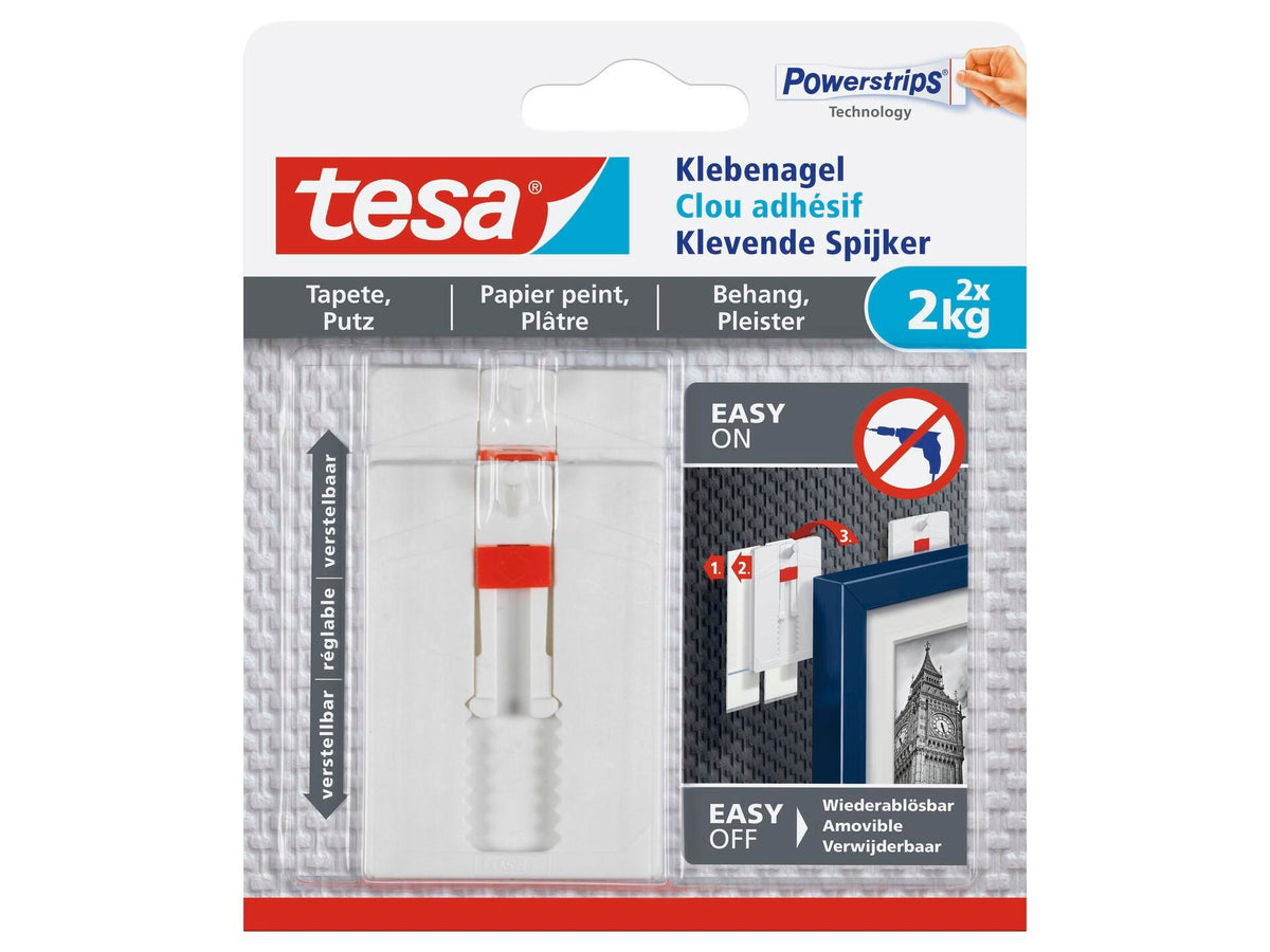 Tesa klevende spijker verstelbaar voor behang en pleister 6,3cm 2kg wit 2 stuks