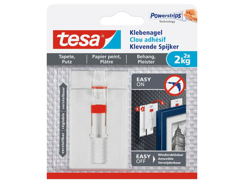 Tesa klevende spijker verstelbaar voor behang en pleister 6,3cm 2kg wit 2 stuks