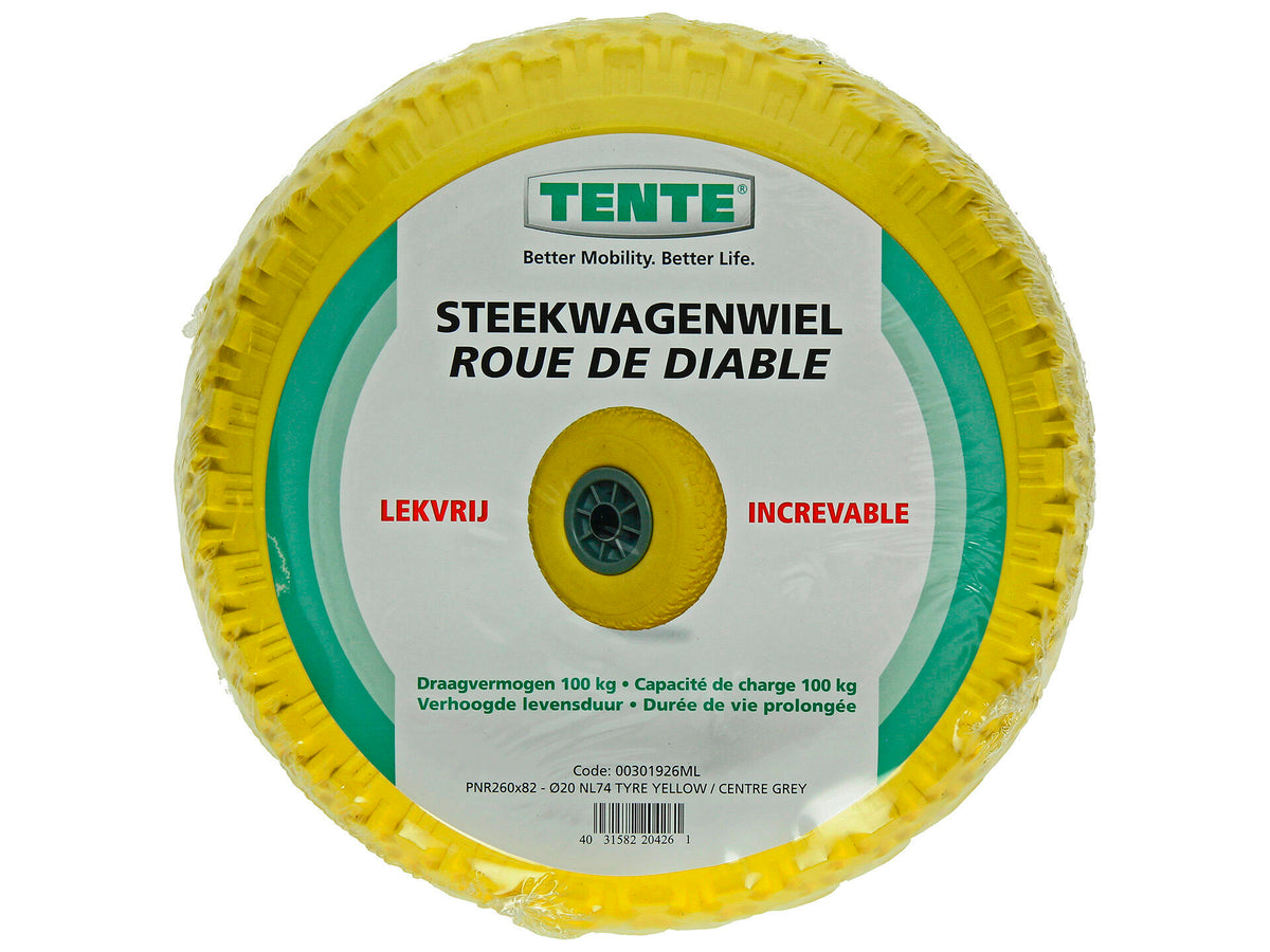 Mack kruiwagenwiel volle band 260mm kunststof velg geel