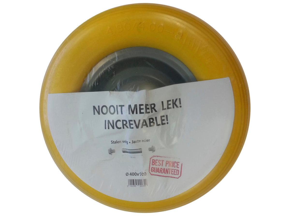 Altrad kruiwagenwiel volle band 400mm metalen velg geel