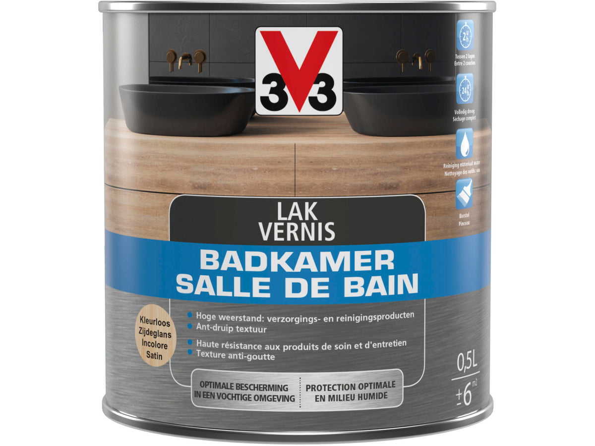 V33 vernis / lak badkamer zijdeglans 0,5l kleurloos